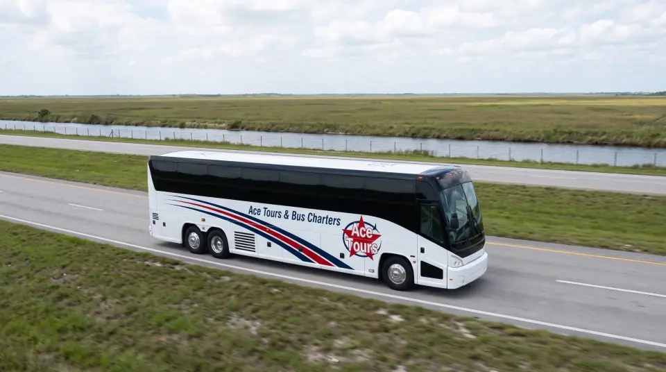 Illustration of a white Ace Tours & Bus Charters motorcoach on a straight divided interstate across the Everglades sawgrass, a canal and fence beside the road under big white clouds