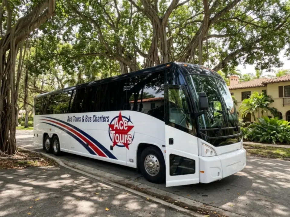 Illustration of a white Ace Tours & Bus Charters motorcoach at the curb of a Coral Gables street under huge banyan trees, door open, Mediterranean-style houses behind