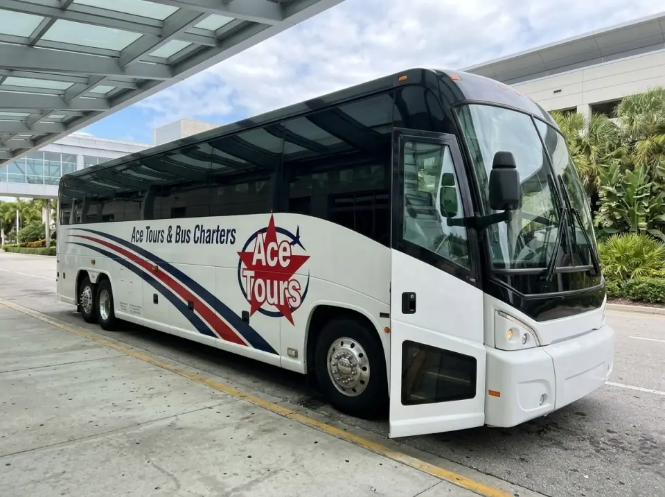 Illustration of a white Ace Tours & Bus Charters motorcoach at a low modern airport terminal curb with palms and a covered walkway, door open