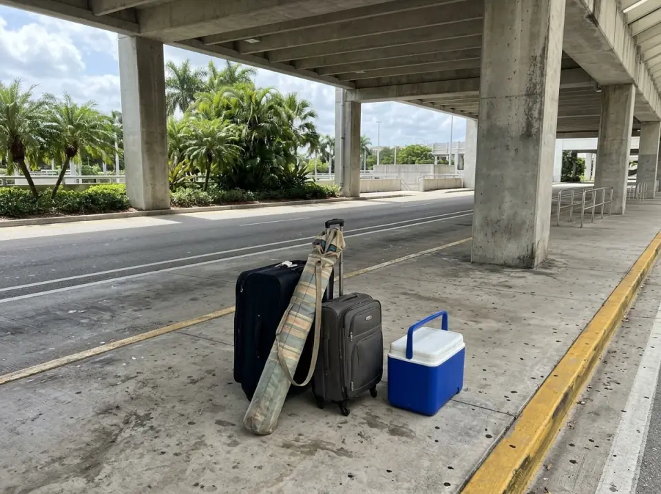 Illustration of suitcases, a folded beach umbrella and a cooler on a covered airport arrivals sidewalk, concrete columns and palms beyond the roadway