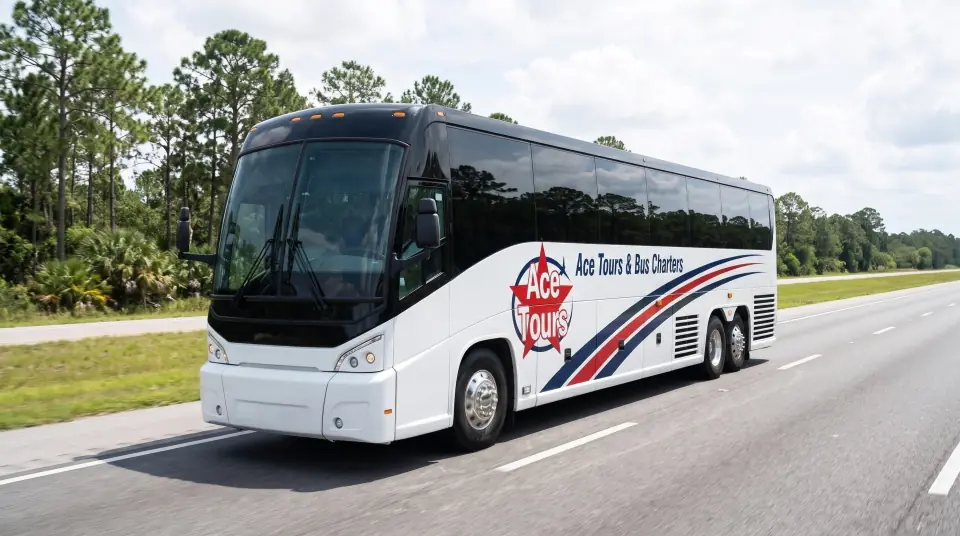 Illustration of a white Ace Tours & Bus Charters motorcoach on a divided highway through flat central Florida pine country