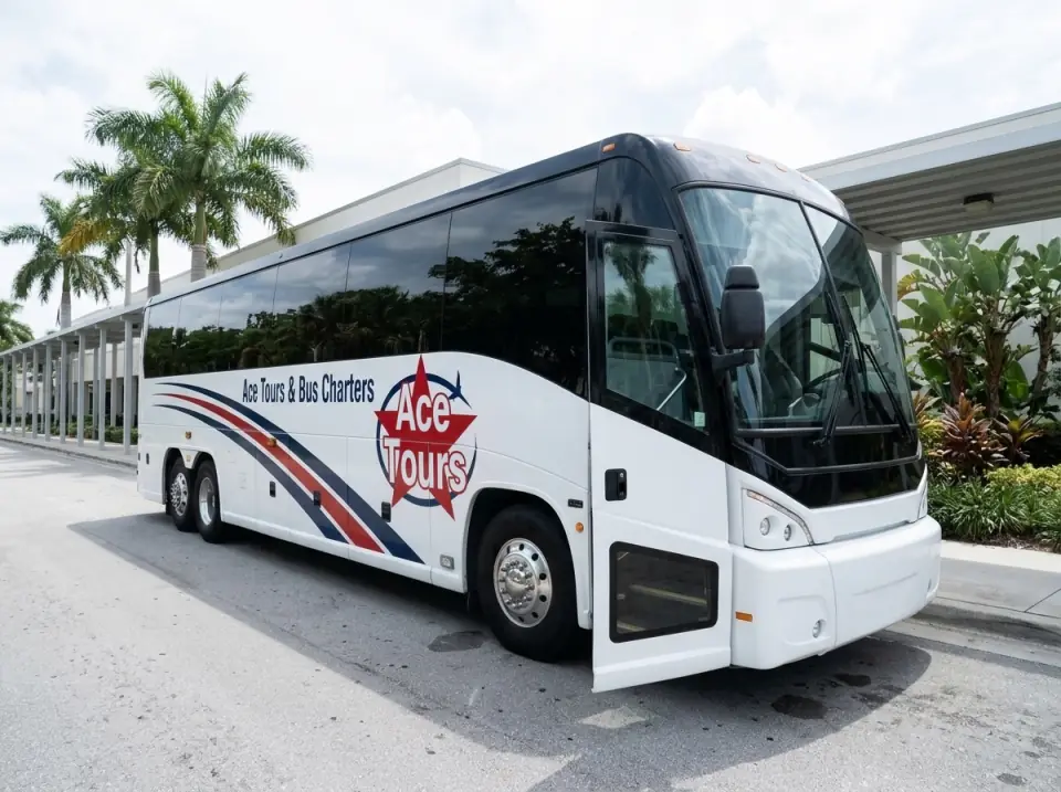 Illustration of a white Ace Tours & Bus Charters motorcoach parked at the front curb of a South Florida high school with its door open, palms and a covered walkway behind