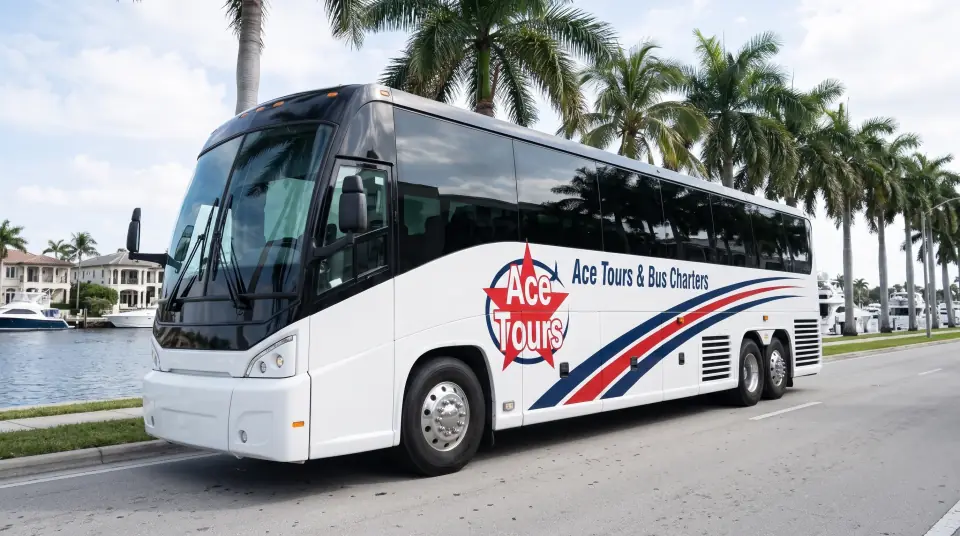 Illustration of a white Ace Tours & Bus Charters motorcoach on a palm-lined boulevard beside a wide Fort Lauderdale canal with moored boats and waterfront homes