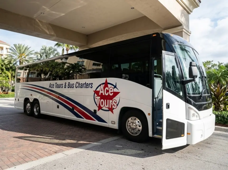 Illustration of a white Ace Tours & Bus Charters motorcoach waiting with its door open under a hotel entrance canopy in Fort Lauderdale