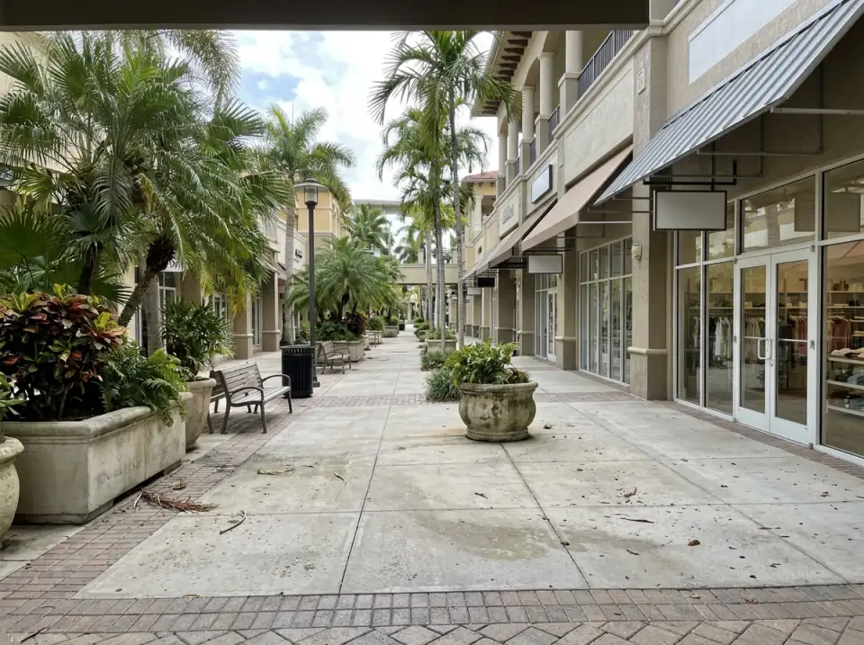 Illustration of a wide shaded walkway at an open-air shopping center in South Florida, palms in planters, benches and shop fronts
