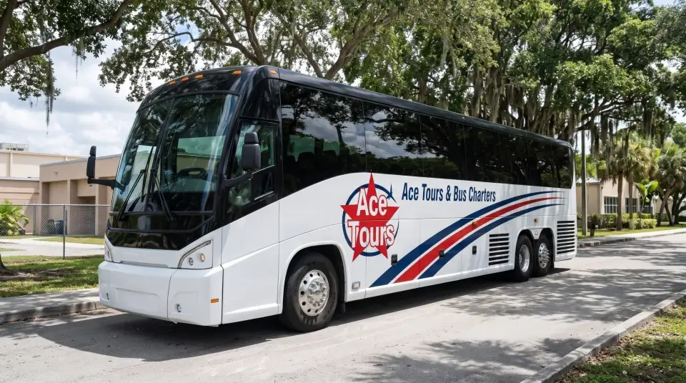 Illustration of a white Ace Tours & Bus Charters motorcoach parked on a South Florida school campus drive under big shade trees