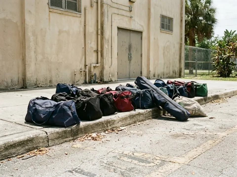 Illustration of a row of sports duffel bags and equipment bags lined up on a curb beside a school gym