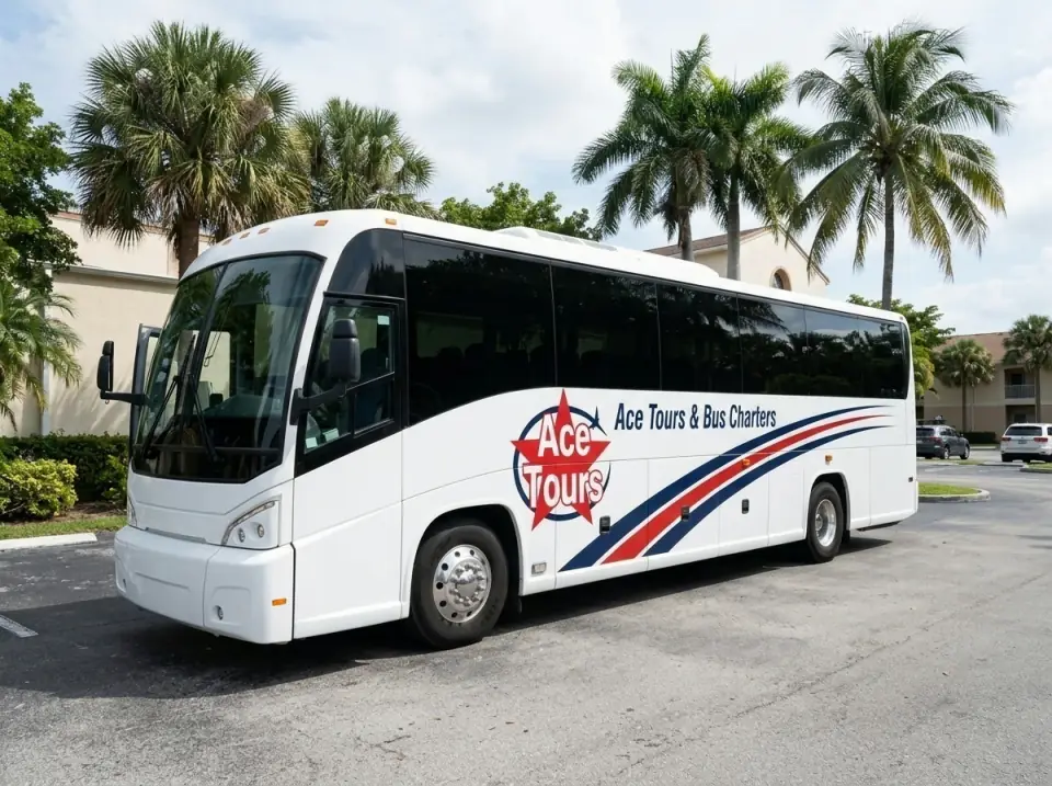 Illustration of a white Ace Tours & Bus Charters coach waiting with its door open in a church parking lot in Miami with palms