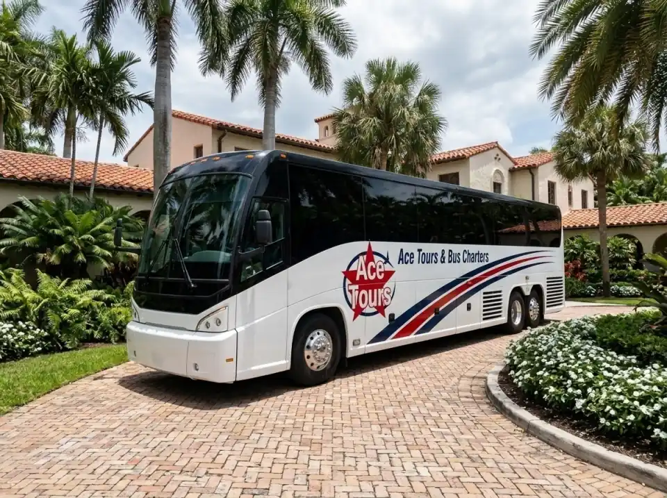 Illustration of a white Ace Tours & Bus Charters motorcoach parked in a wedding venue garden driveway in Coral Gables with white flowers and palms