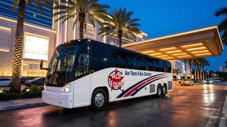 Illustration of a white Ace Tours & Bus Charters motorcoach at the arrival drive of a huge modern resort casino at dusk, the building lit and palms glowing under a deep blue sky