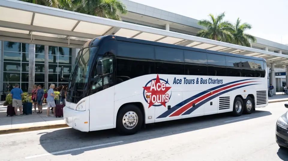 Illustration of a white Ace Tours & Bus Charters motorcoach at a Miami airport arrivals curb, travelers with suitcases beside it