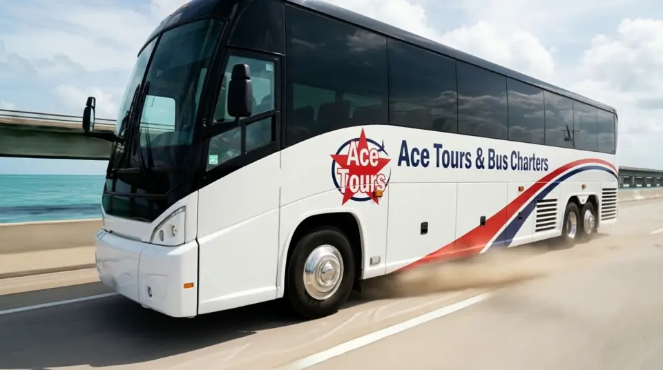 Illustration of a white Ace Tours & Bus Charters motorcoach driving fast across a Florida Keys bridge over turquoise water