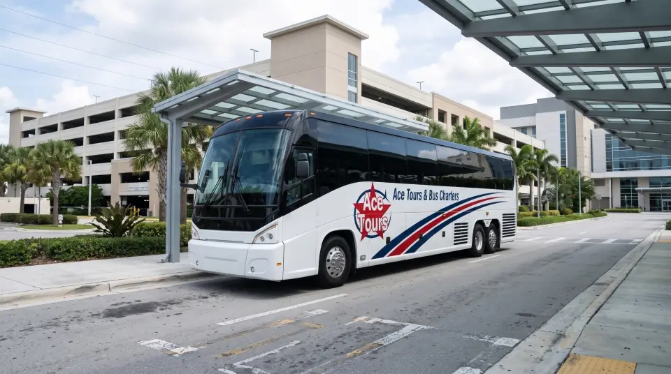 Illustration of a white Ace Tours & Bus Charters motorcoach at a covered shuttle stop beside a multi-level parking garage on a modern South Florida hospital campus