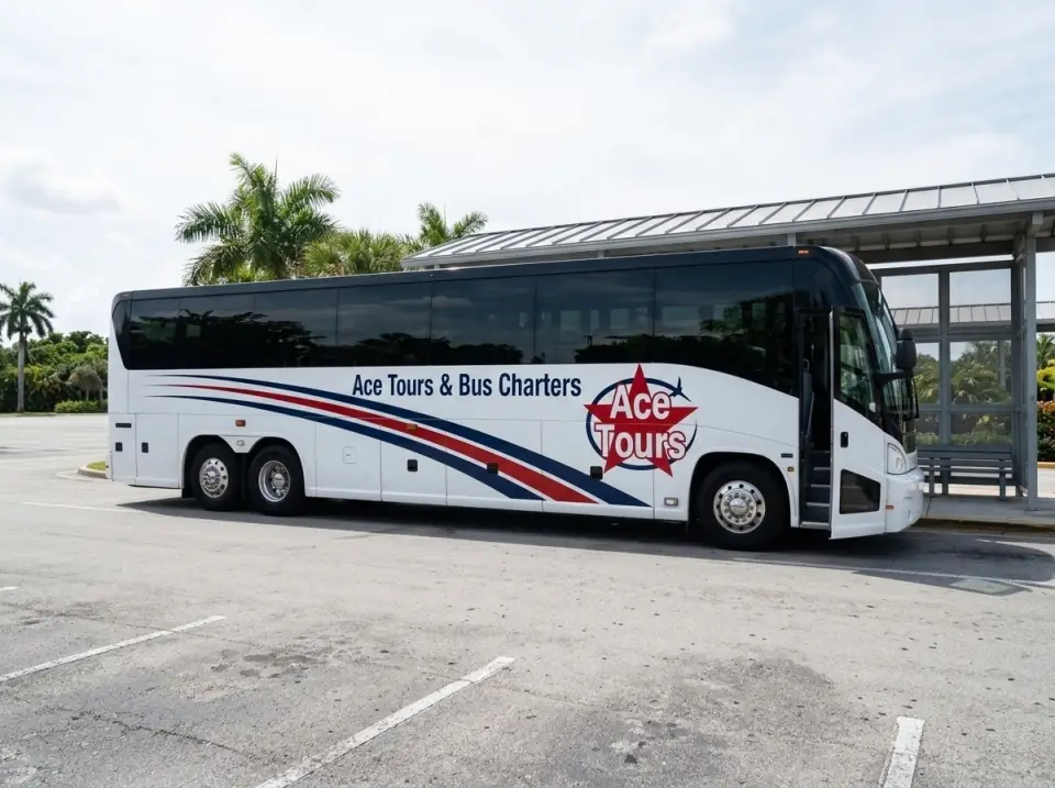 Illustration of a white Ace Tours & Bus Charters motorcoach stopped beside a covered shuttle shelter in a large, empty staff parking lot, door open