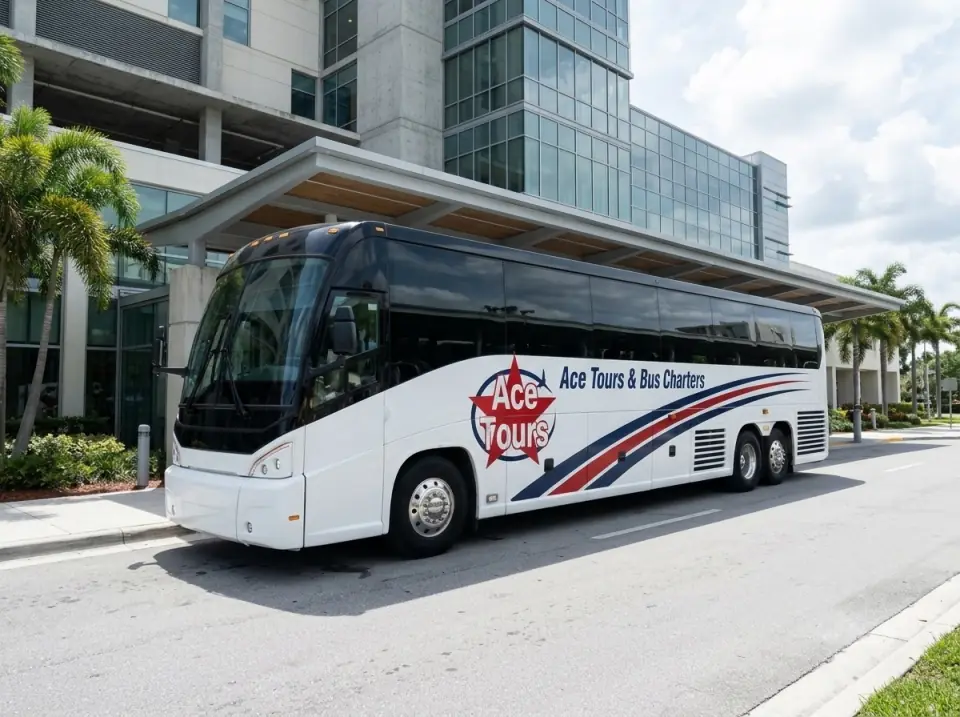Illustration of a white Ace Tours & Bus Charters motorcoach stopped in a curbside drop-off lane at the glass staff entrance of a modern hospital building