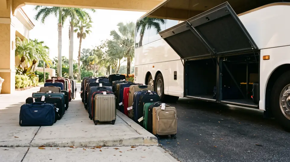 Illustration of three rows of suitcases of different sizes on a sunny South Florida hotel curb beside the open luggage bays of a white coach, palms behind