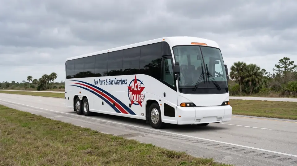 Illustration of a white Ace Tours & Bus Charters motorcoach driving alone on an empty South Florida highway under a grey overcast sky