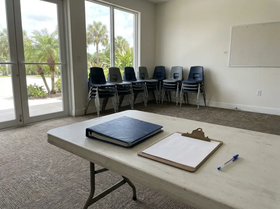 Illustration of a folding table in a quiet community clubhouse meeting room with a closed binder, a blank clipboard and a pen, stacked chairs and palms outside