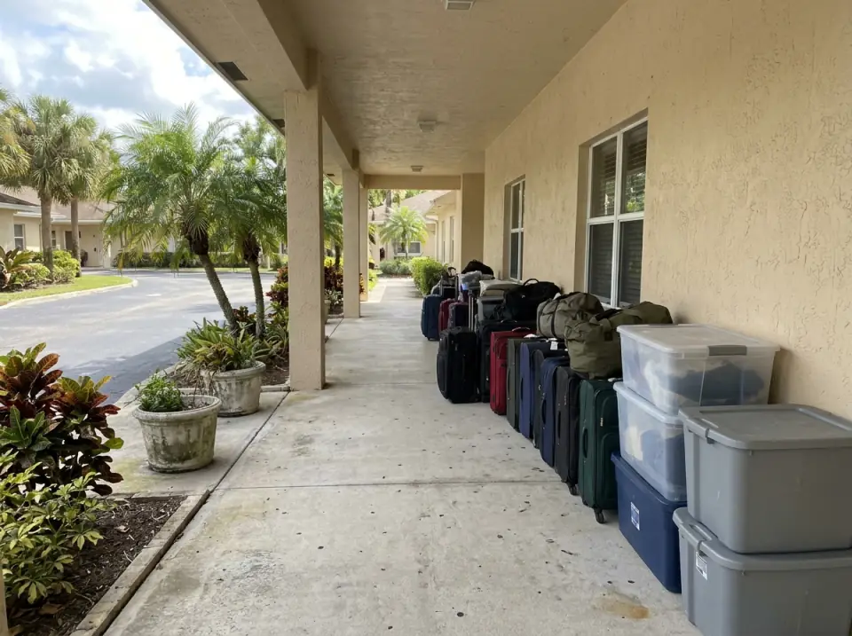 Illustration of suitcases, duffel bags and plastic storage totes lined up along the covered entrance walkway of a South Florida senior living community