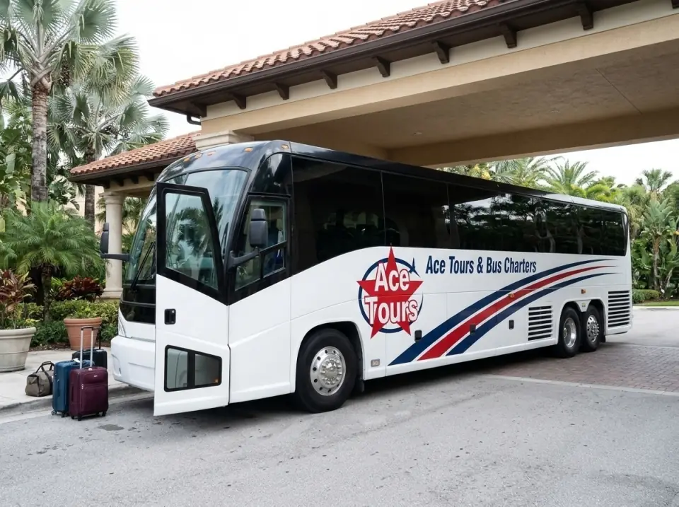 Illustration of a white Ace Tours & Bus Charters motorcoach under the covered drop-off canopy of a senior living community, door open, suitcases on the curb