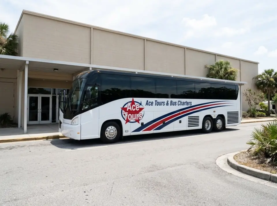 Illustration of a white Ace Tours & Bus Charters motorcoach parked at the entrance of a large plain public building with beige block walls and glass doors