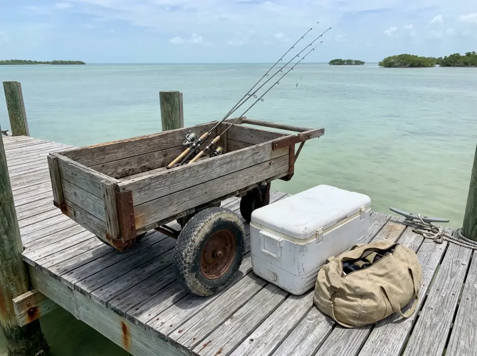 Illustration of fishing rods in a wooden dock cart beside a white cooler and a canvas duffel on a weathered dock over calm flats water in Islamorada