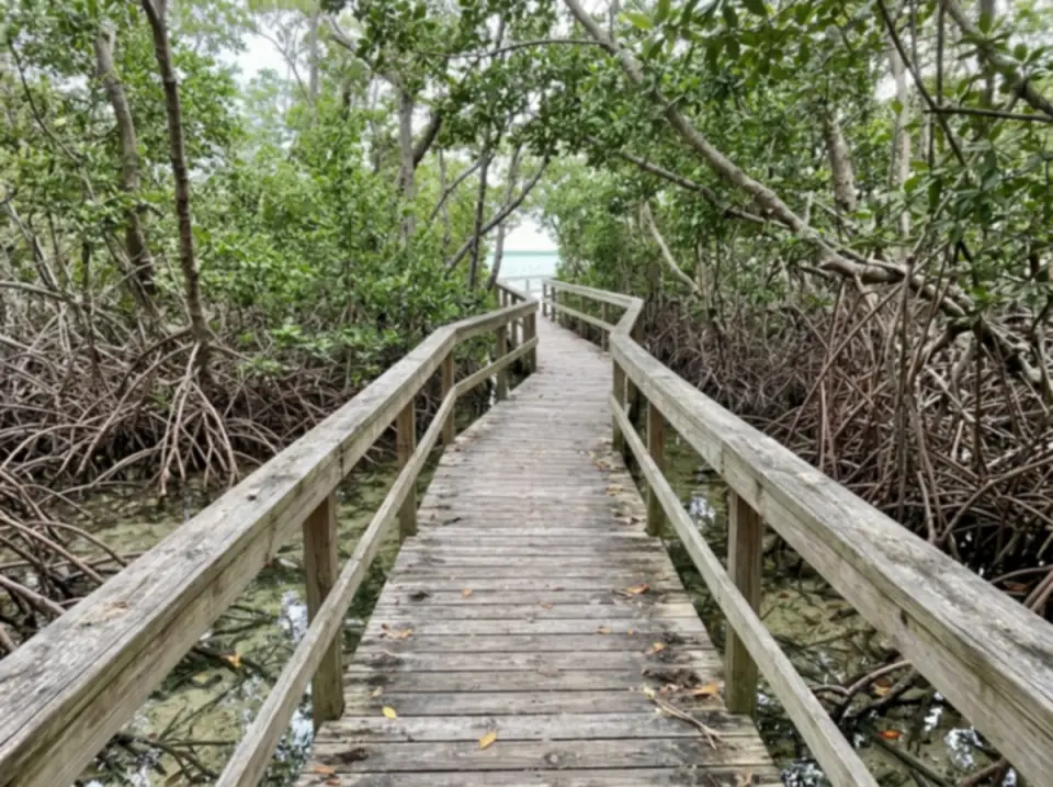 Illustration of a wooden boardwalk winding through red mangroves with prop roots in clear shallow water in Key Largo