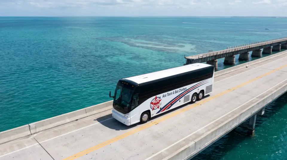 Illustration of a white Ace Tours & Bus Charters motorcoach crossing the Seven Mile Bridge over turquoise water, seen from a high drone angle