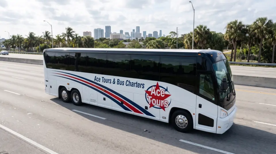 Illustration of an Ace Tours motorcoach on I-95 northbound with the Fort Lauderdale skyline ahead and palms along the shoulder