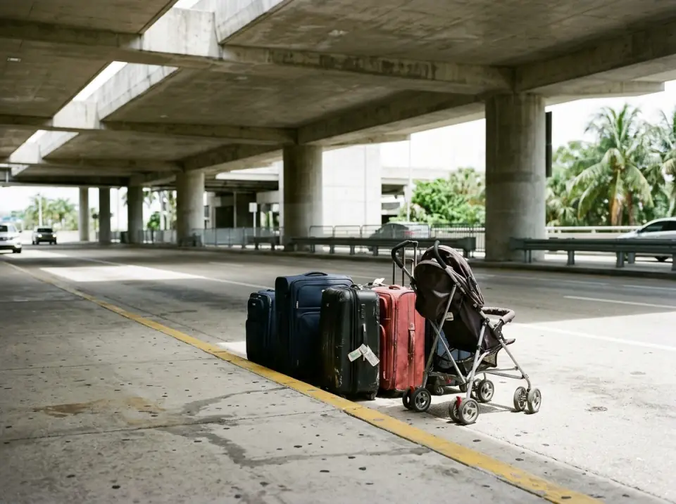 Illustration of rolling suitcases and a stroller lined up on a Miami airport curb under a concrete canopy in midday light