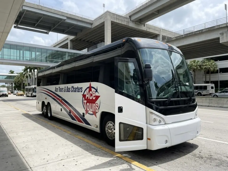 Illustration of an Ace Tours motorcoach at the Miami airport arrivals curb, door open