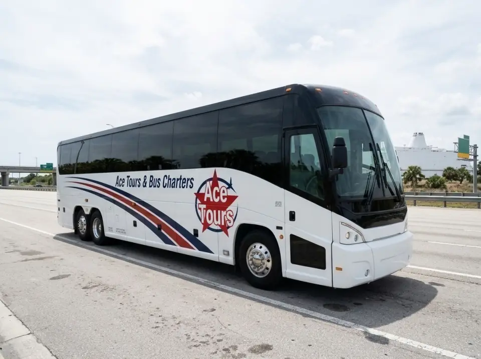 Illustration of an Ace Tours motorcoach on I-595 eastbound toward Port Everglades, a cruise ship's white superstructure on the horizon