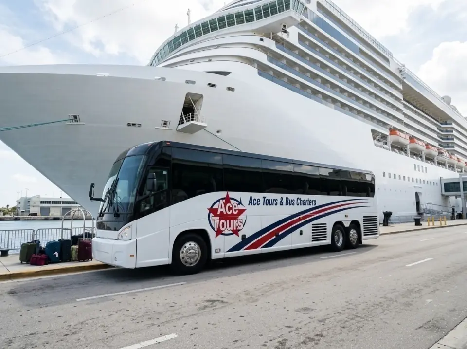 Illustration of an Ace Tours motorcoach at a Port Everglades terminal curb, suitcases on the curb and a huge cruise ship behind
