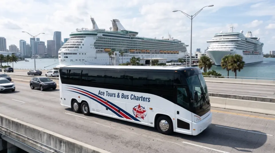Illustration of an Ace Tours motorcoach on a bridge heading to PortMiami, cruise ships docked ahead and the downtown Miami skyline to the side