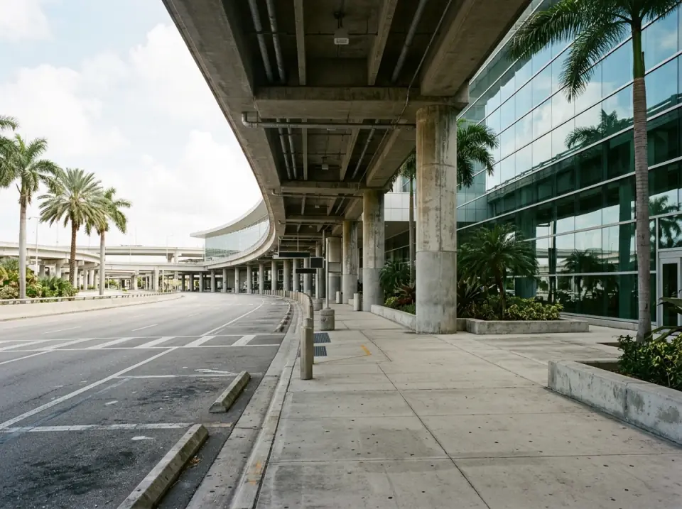 Illustration of the arrivals level of a large modern Miami airport terminal seen from the curb, glass facade, concrete columns and palms