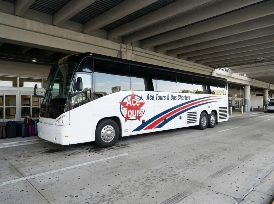 Illustration of an Ace Tours motorcoach parked under the Miami airport arrivals canopy, door open, rolling suitcases beside it