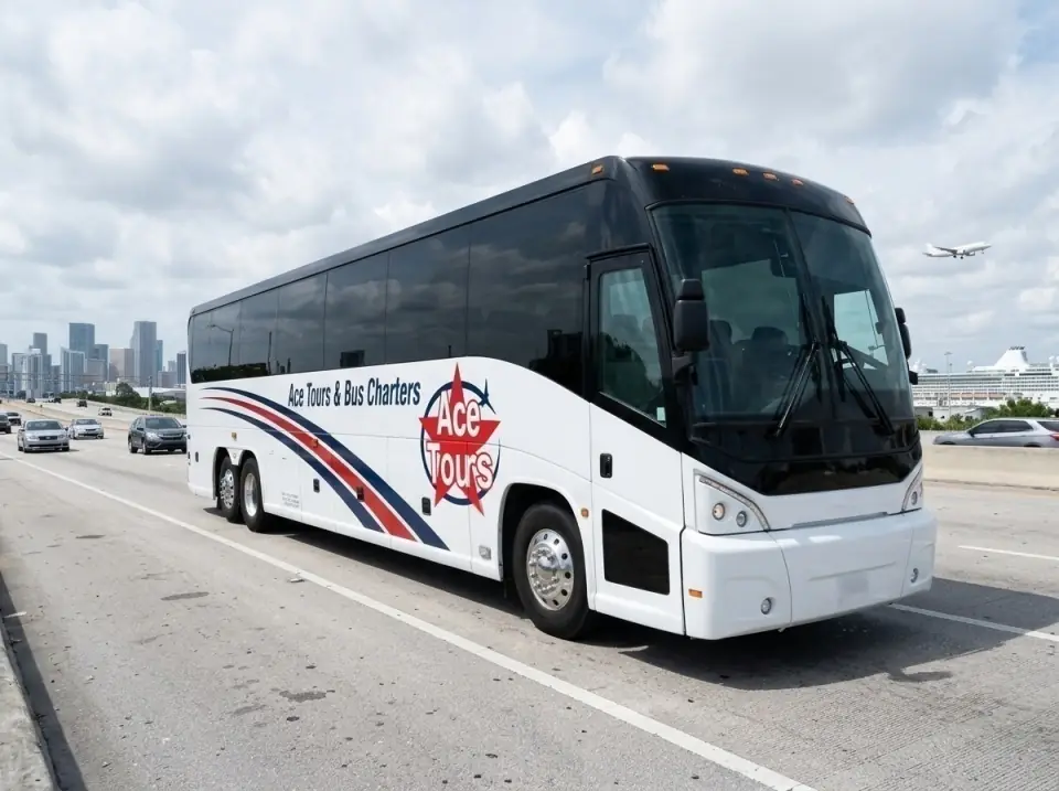 Illustration of an Ace Tours motorcoach on the Dolphin Expressway heading east toward the Miami skyline in light traffic