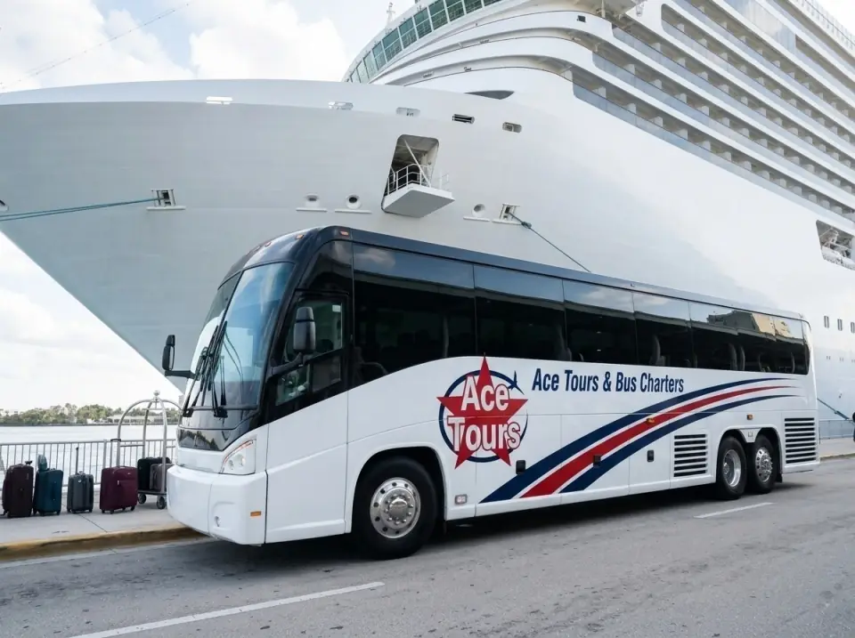 Illustration of an Ace Tours motorcoach at the PortMiami terminal curb, suitcases lined up and a cruise ship hull filling the background