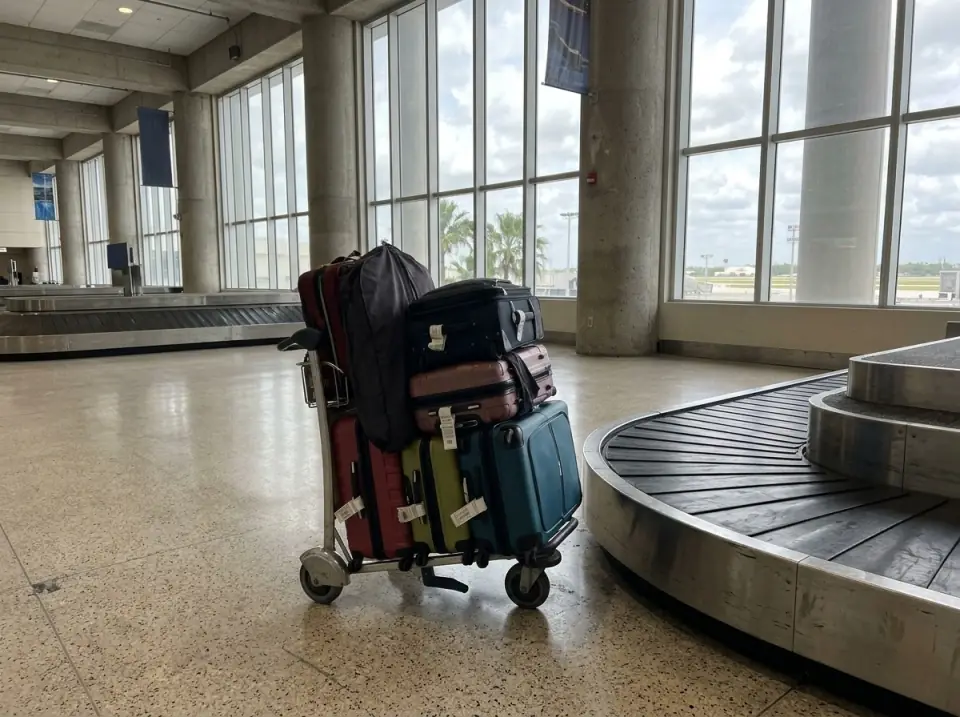 Illustration of a luggage cart stacked with cruise suitcases, a garment bag and carry-ons beside a baggage carousel in a bright airport hall