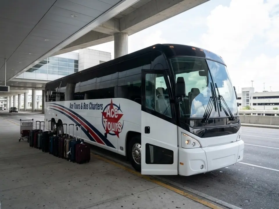 Illustration of an Ace Tours motorcoach parked under the Miami airport arrivals canopy, door open, rolling suitcases on the curb