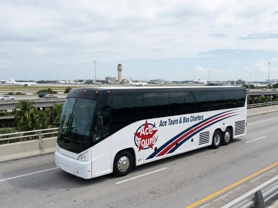 Illustration of an Ace Tours motorcoach on an elevated Miami expressway, palms below and an airport control tower behind