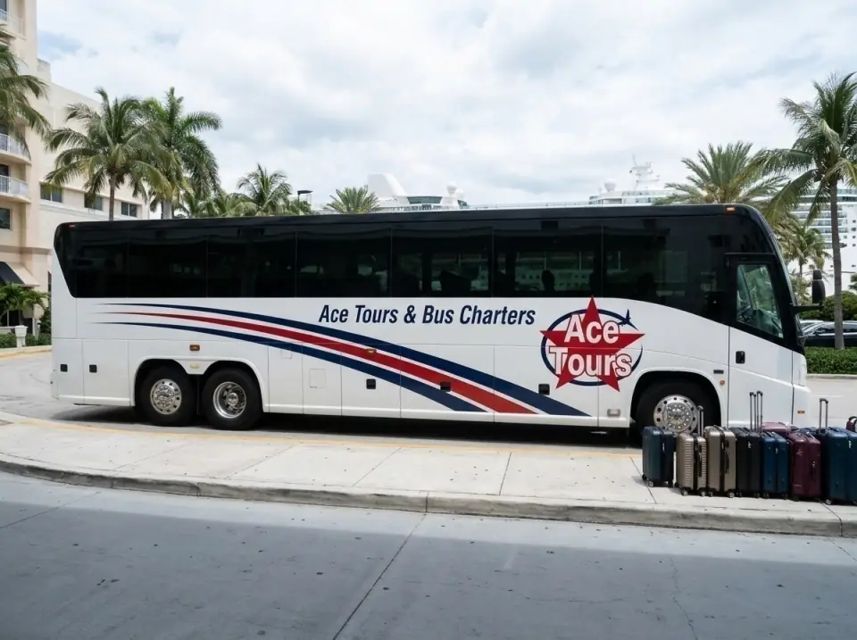 Illustration of an Ace Tours motorcoach in a palm-lined Miami Beach hotel driveway, suitcases in a row by the door