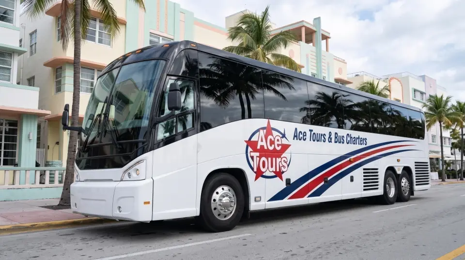 Illustration of a white Ace Tours & Bus Charters motorcoach on Ocean Drive in Miami Beach beside pastel Art Deco buildings and palm trees