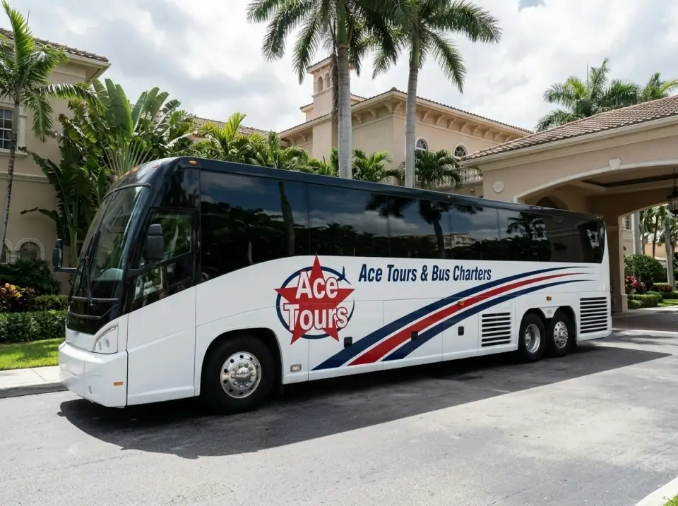 Illustration of a white Ace Tours & Bus Charters motorcoach waiting in a Miami hotel driveway with palm trees and its door open