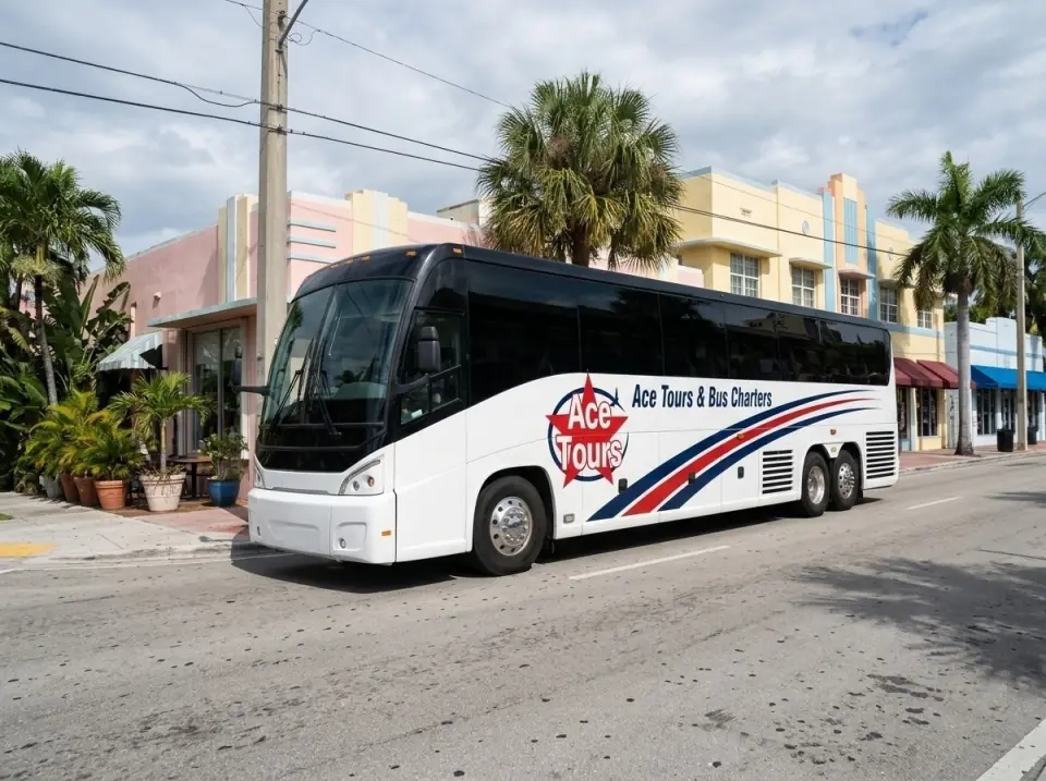 Illustration of a white motorcoach driving down a palm-lined street in Little Havana with colorful low buildings
