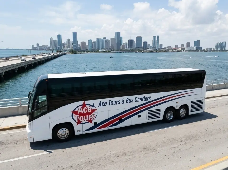 Illustration of a white motorcoach on a bridge road across Biscayne Bay with the Miami skyline across the water, seen from above