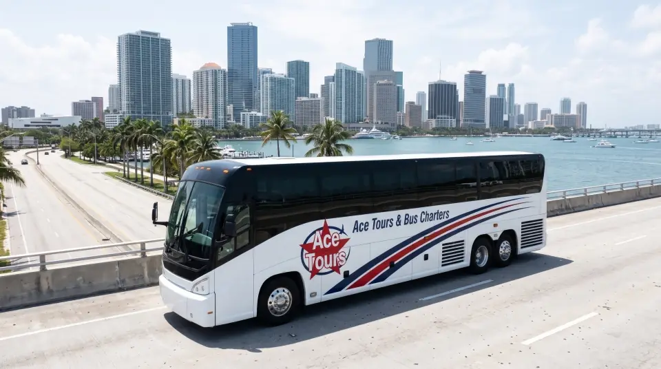 Illustration of a white Ace Tours & Bus Charters motorcoach crossing a bridge over Biscayne Bay with the downtown Miami skyline behind it, seen from a low drone angle