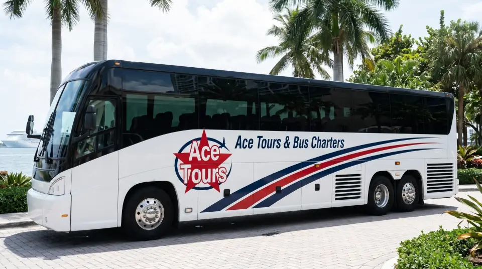 Illustration of a white Ace Tours & Bus Charters motorcoach in a downtown Miami bayfront hotel driveway with royal palms and two plain white cruise ships across the bay