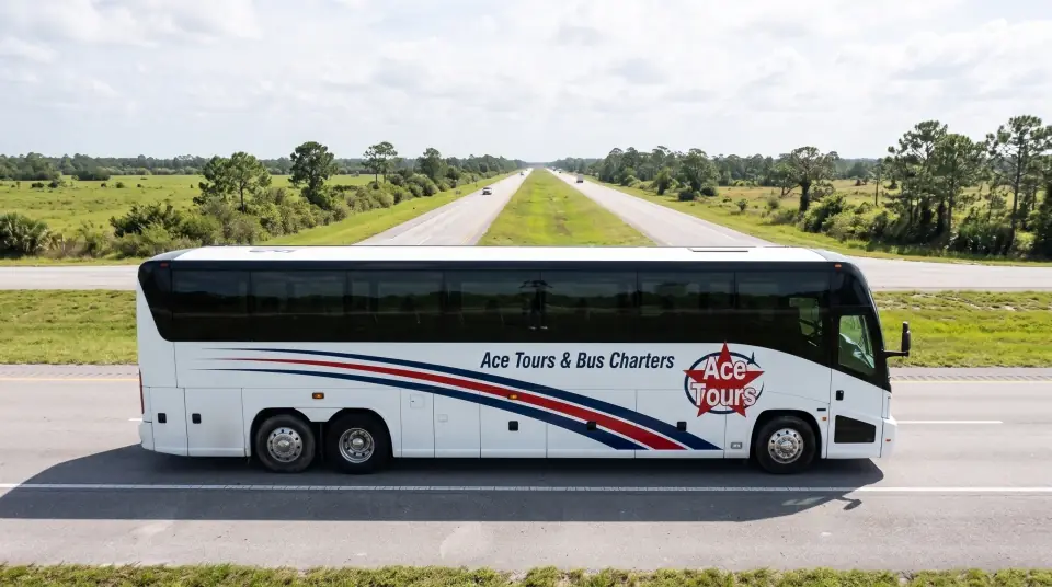 Illustration of an Ace Tours motorcoach on Florida's Turnpike heading north through flat green pasture and pine trees under big white clouds