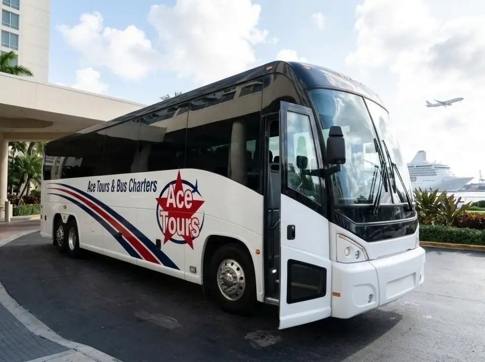 Illustration of an Ace Tours motorcoach waiting in a Miami hotel driveway at sunrise, door open